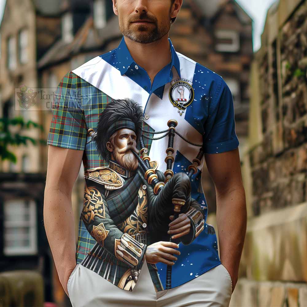 Tartan Vibes Clothing Cathcart Tartan Short Sleeve Button Shirt with Family Crest Scottish Bagpiper Vibes