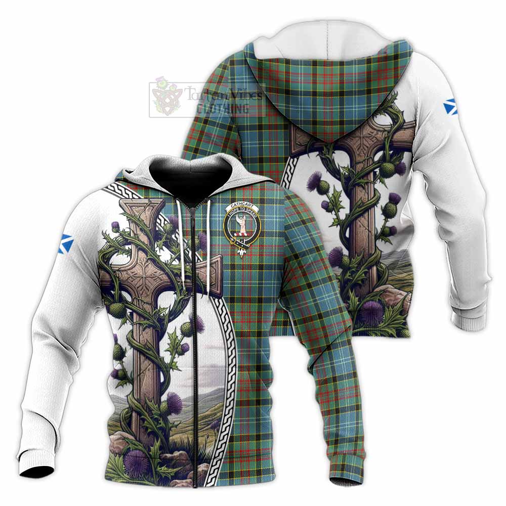 Tartan Vibes Clothing Cathcart Tartan Knitted Hoodie with Family Crest and St. Andrew's Cross Accented by Thistle Vines