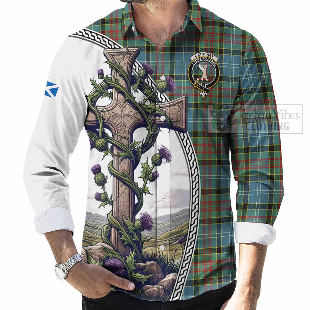 Tartan Vibes Clothing Cathcart Tartan Long Sleeve Button Shirt with Family Crest and St. Andrew's Cross Accented by Thistle Vines