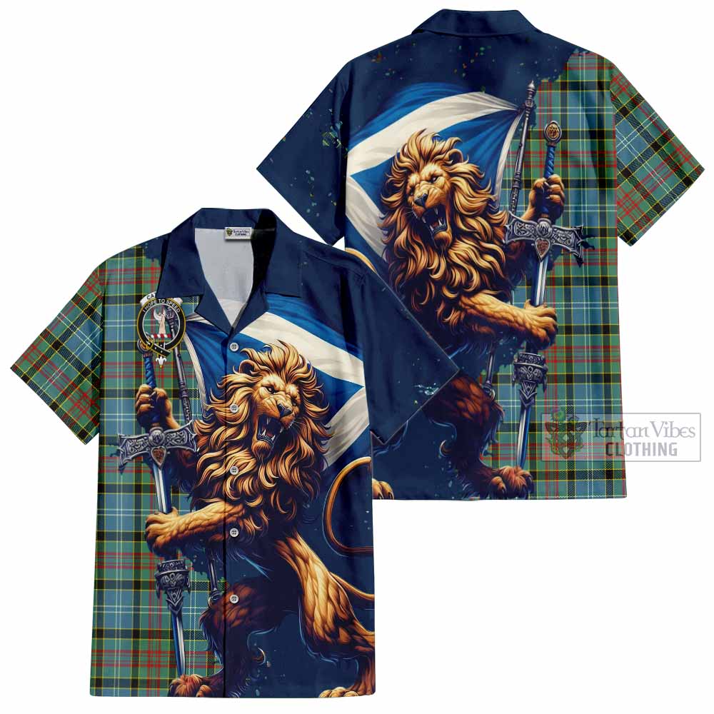 Tartan Vibes Clothing Cathcart Tartan Family Crest Short Sleeve Button Shirt with Scottish Majestic Lion