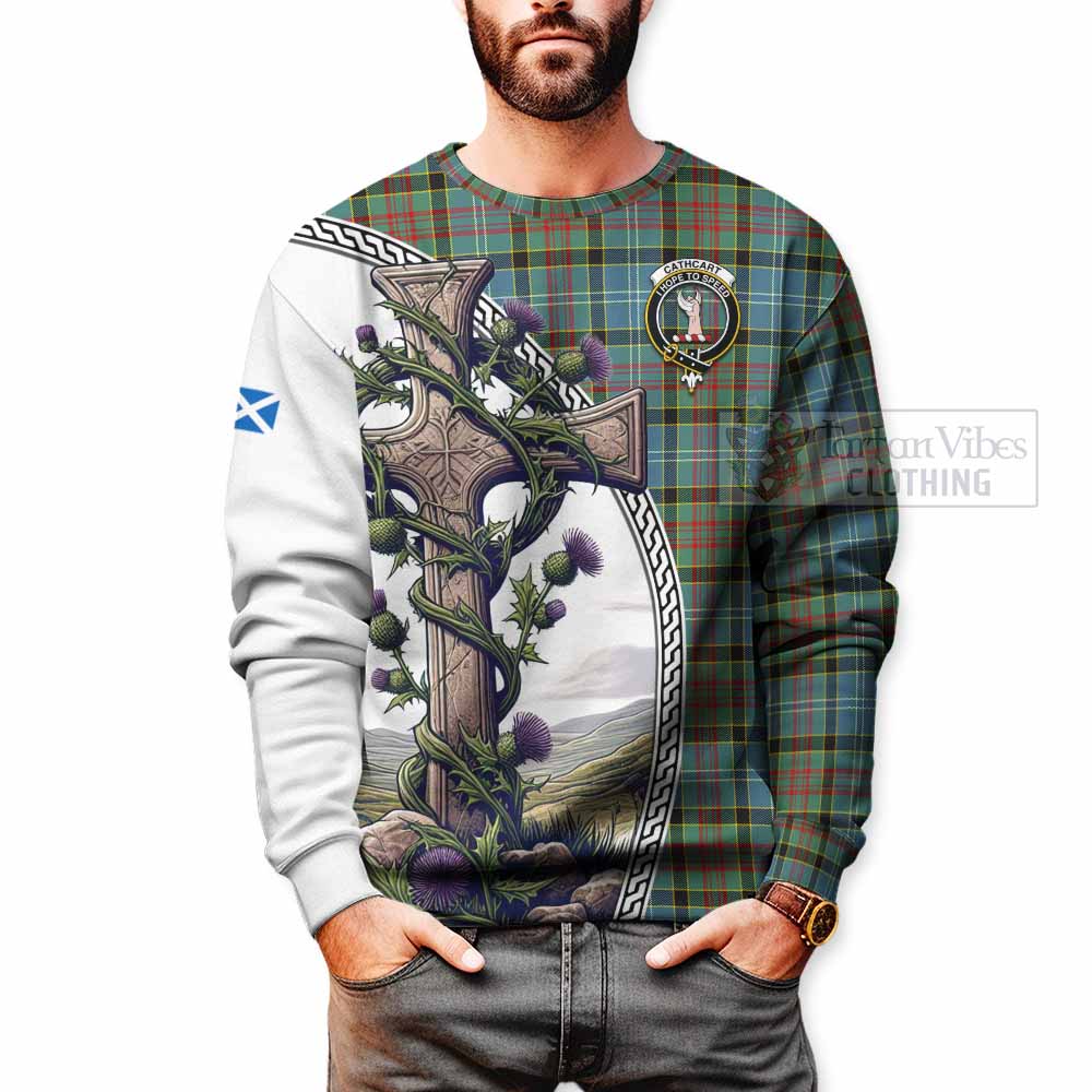 Tartan Vibes Clothing Cathcart Tartan Sweatshirt with Family Crest and St. Andrew's Cross Accented by Thistle Vines