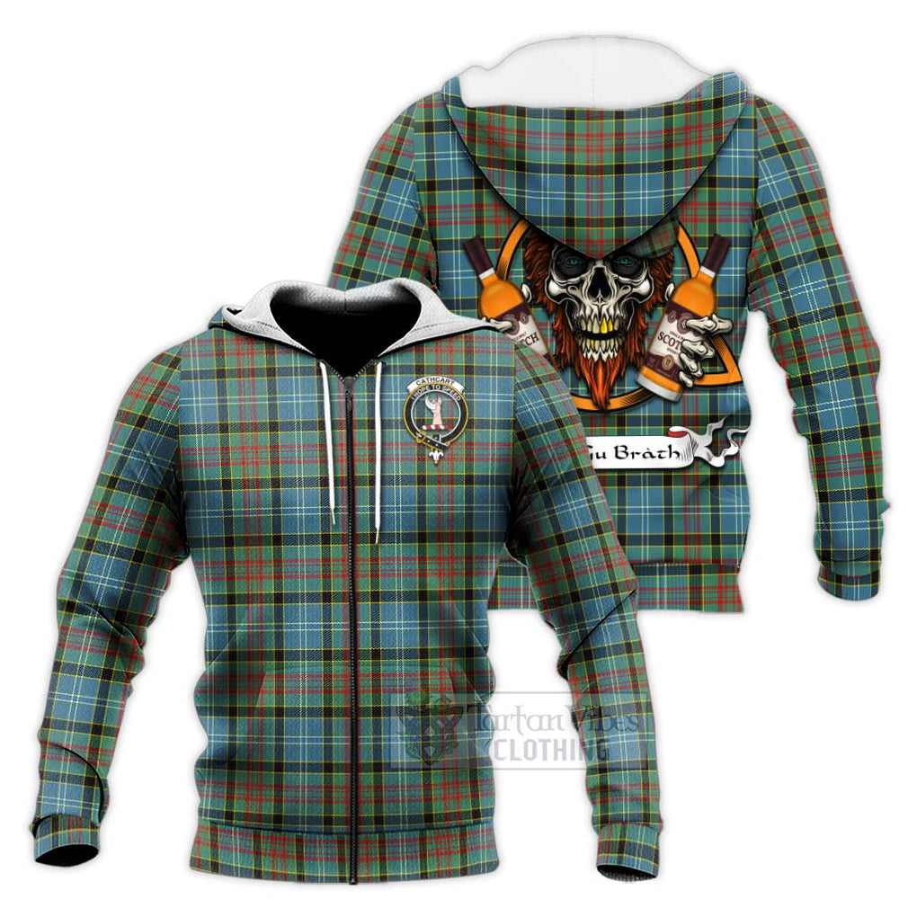 Tartan Vibes Clothing Cathcart Tartan Knitted Hoodie with Family Crest and Bearded Skull Holding Bottles of Whiskey