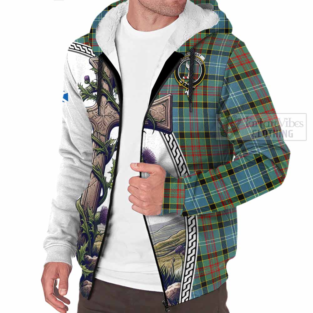 Tartan Vibes Clothing Cathcart Tartan Sherpa Hoodie with Family Crest and St. Andrew's Cross Accented by Thistle Vines