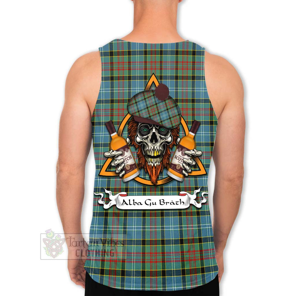 Tartan Vibes Clothing Cathcart Tartan Men's Tank Top with Family Crest and Bearded Skull Holding Bottles of Whiskey