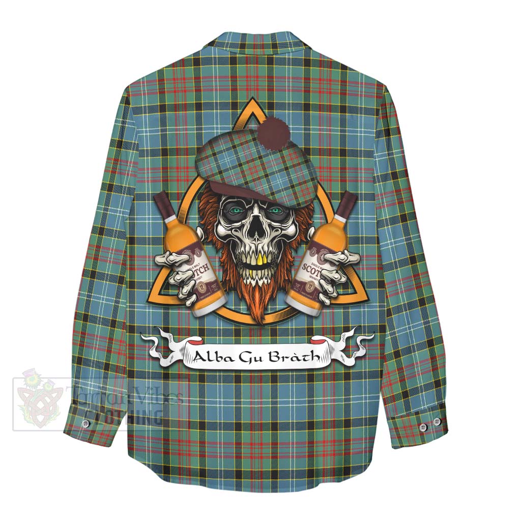 Tartan Vibes Clothing Cathcart Tartan Women's Casual Shirt with Family Crest and Bearded Skull Holding Bottles of Whiskey