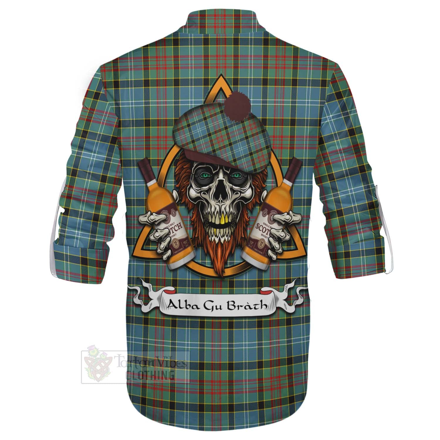 Tartan Vibes Clothing Cathcart Tartan Ghillie Kilt Shirt with Family Crest and Bearded Skull Holding Bottles of Whiskey