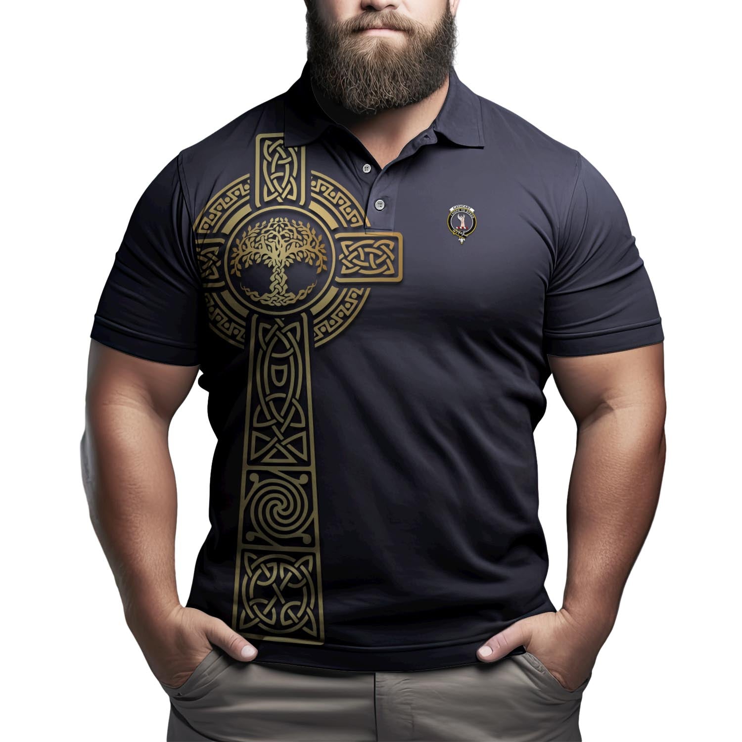 Cathcart Clan Polo Shirt with Golden Celtic Tree Of Life - Tartanvibesclothing