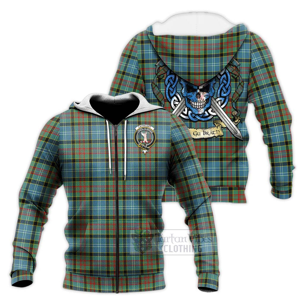 Tartan Vibes Clothing Cathcart Tartan Knitted Hoodie with Family Crest Celtic Skull Style