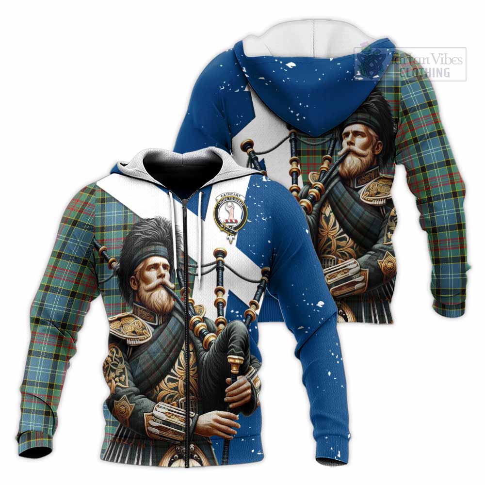 Tartan Vibes Clothing Cathcart Tartan Knitted Hoodie with Family Crest Scottish Bagpiper Vibes