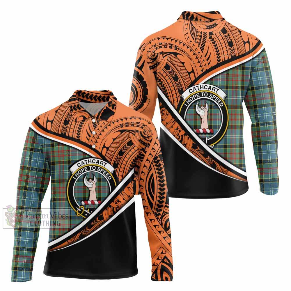 Tartan Vibes Clothing Cathcart Crest Tartan Long Sleeve Polo Shirt with Maori Tattoo Style - Orange Version