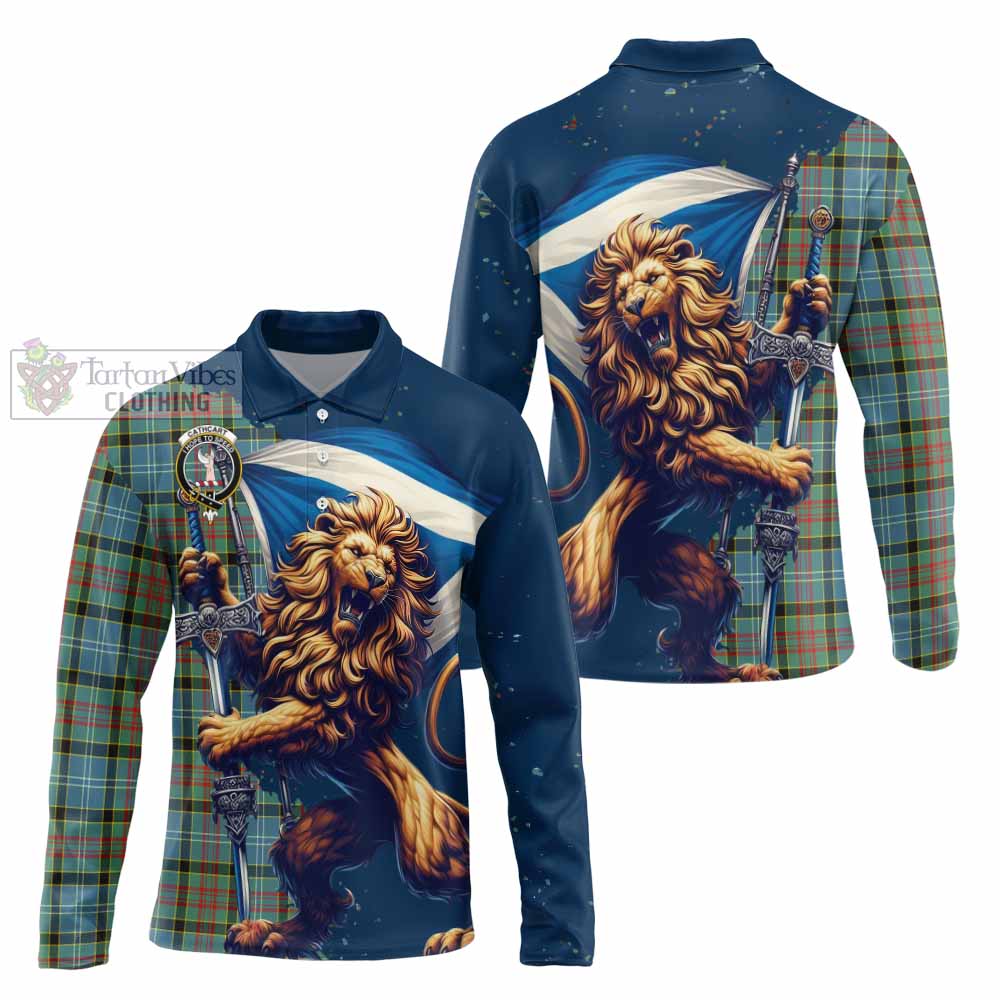 Tartan Vibes Clothing Cathcart Tartan Family Crest Long Sleeve Polo Shirt with Scottish Majestic Lion