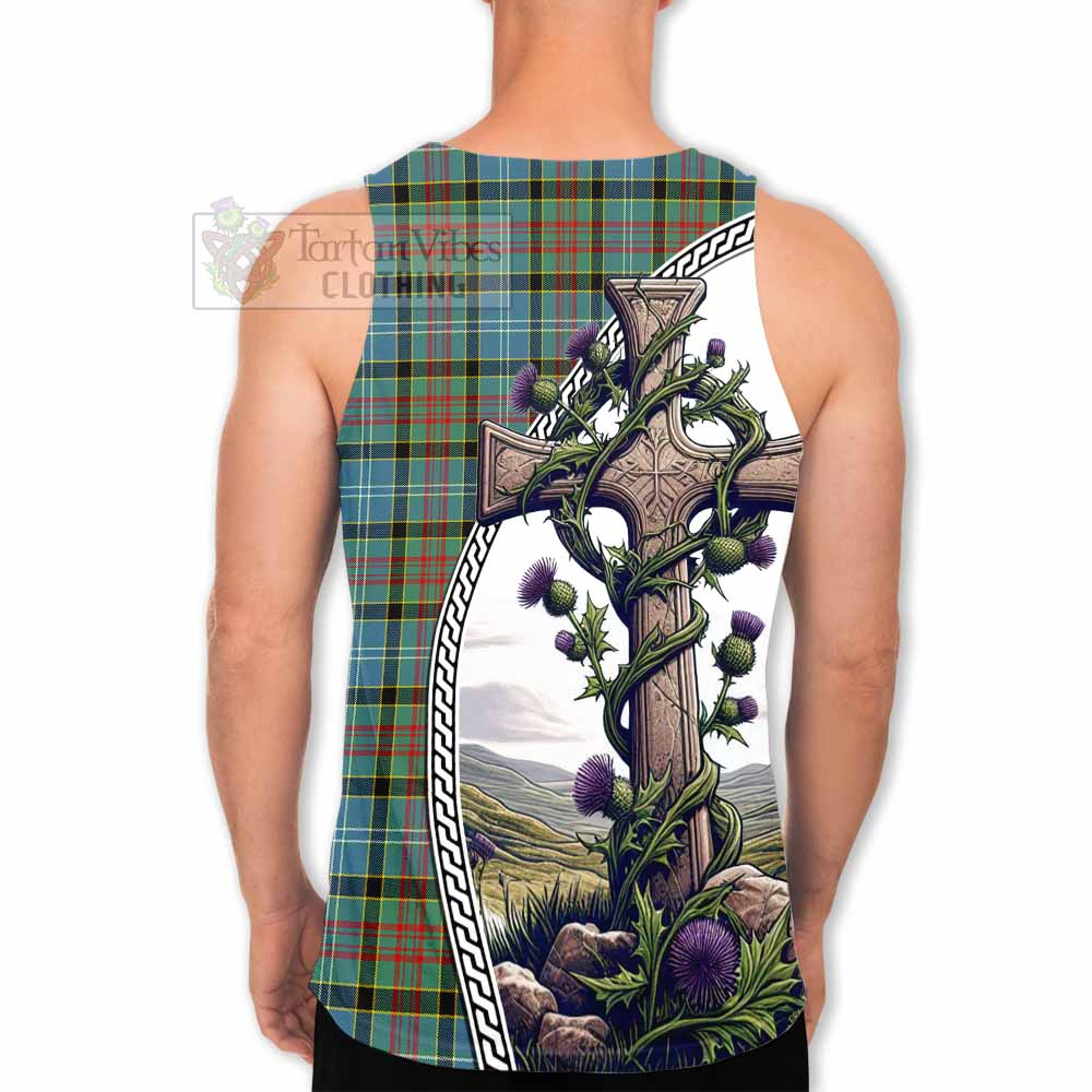 Tartan Vibes Clothing Cathcart Tartan Men's Tank Top with Family Crest and St. Andrew's Cross Accented by Thistle Vines