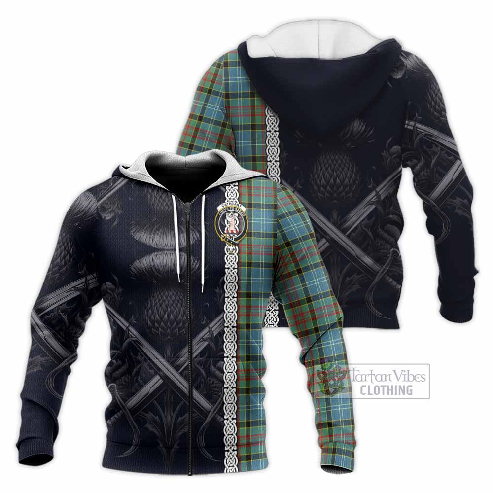 Tartan Vibes Clothing Cathcart Tartan Knitted Hoodie with Family Crest Cross Sword Thistle Celtic Vibes