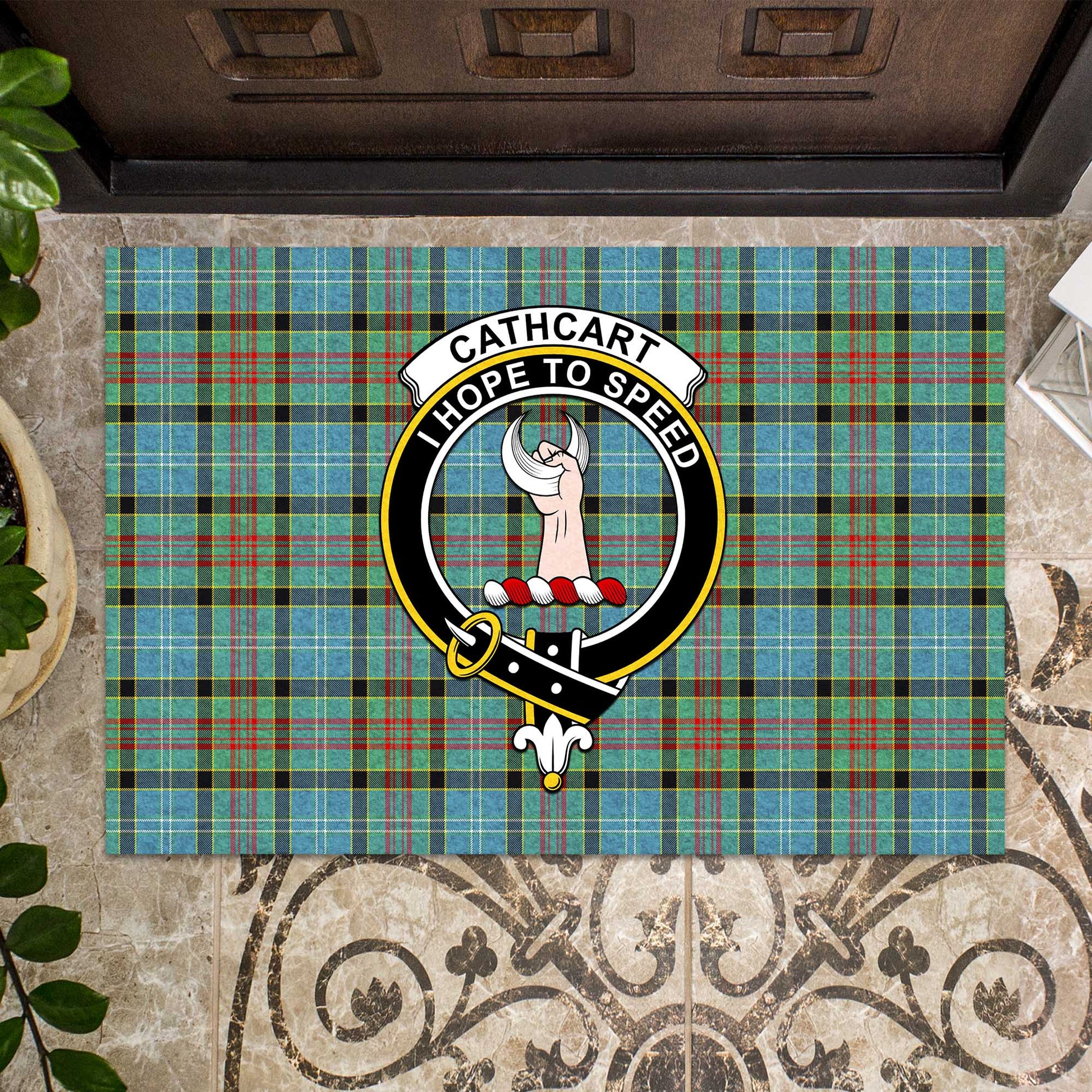 Cathcart Tartan Door Mat with Family Crest - Tartanvibesclothing