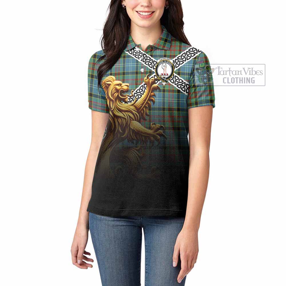 Cathcart Crest Tartan Women's Polo Shirt with Golden Lion Emblem Celtic Style - Tartan Vibes Clothing