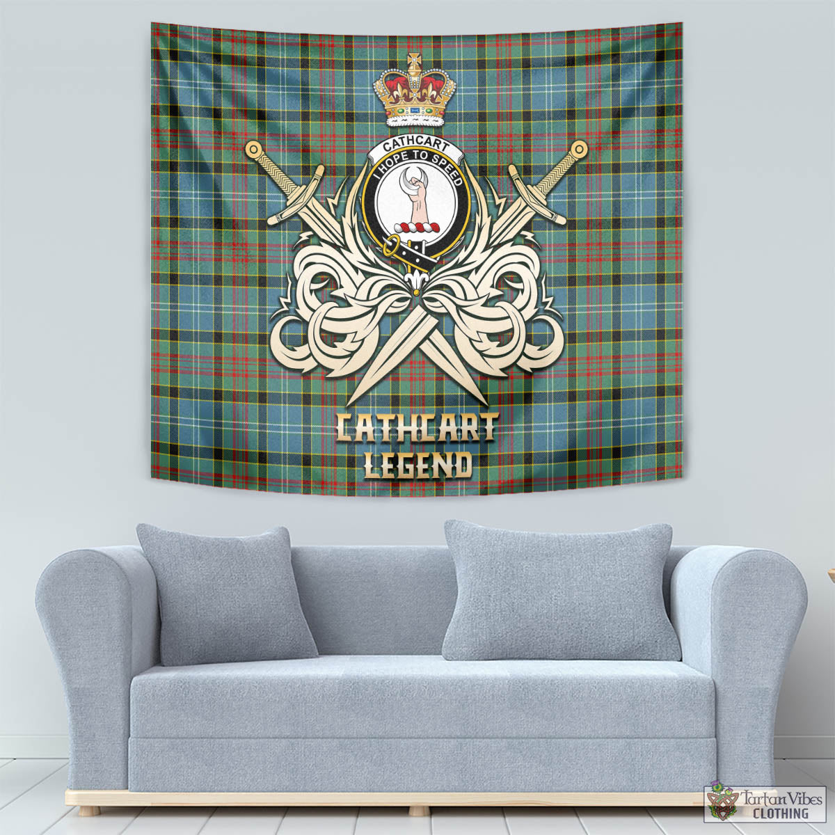 Tartan Vibes Clothing Cathcart Tartan Tapestry with Clan Crest and the Golden Sword of Courageous Legacy