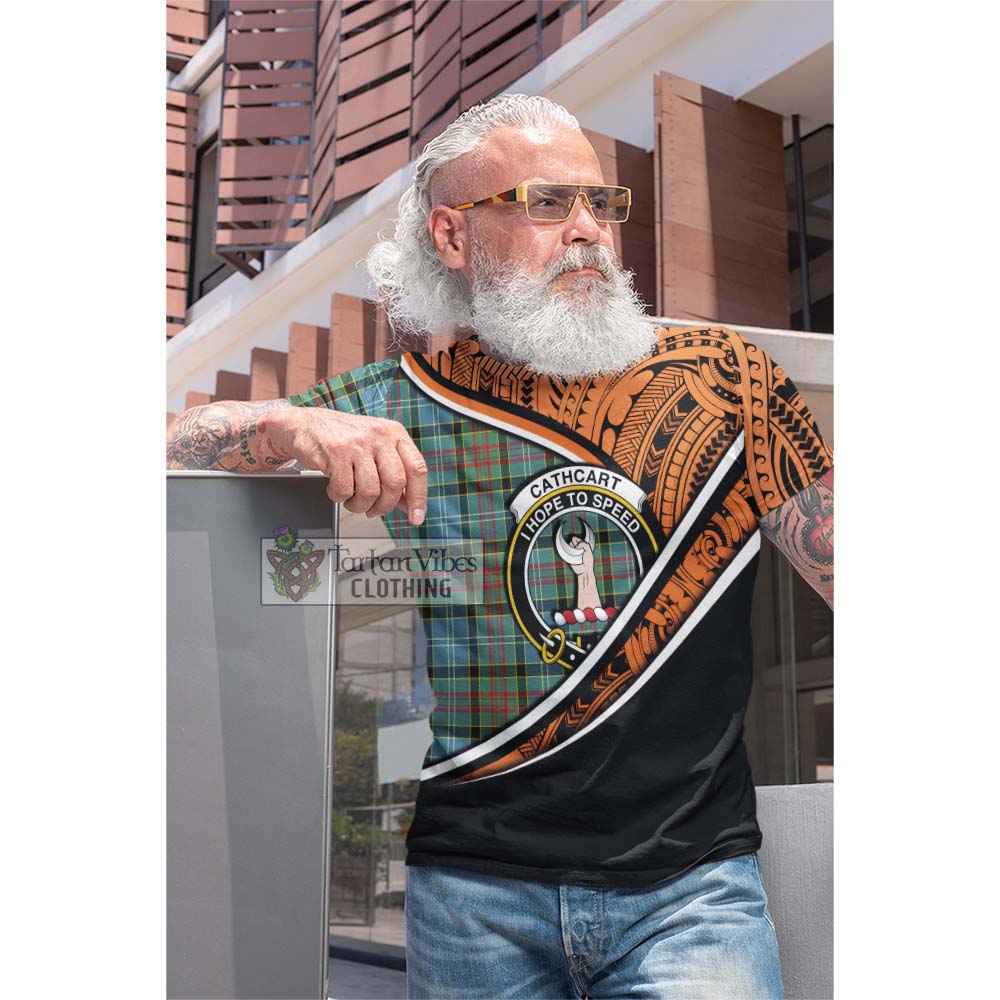 Tartan Vibes Clothing Cathcart Crest Tartan Cotton T-shirt with Maori Tattoo Style - Orange Version