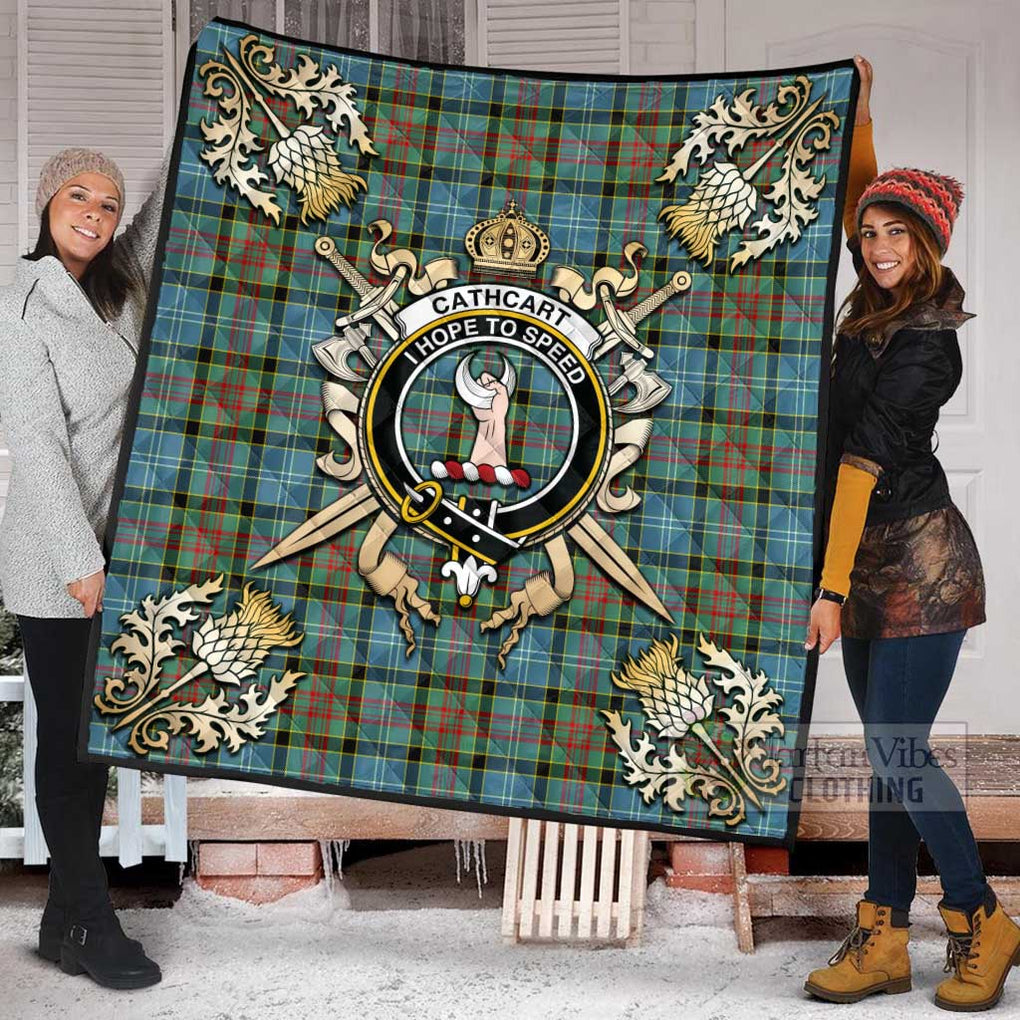 Tartan Vibes Clothing Cathcart Tartan Quilt with Family Crest and Scottish Golden Courage Shield