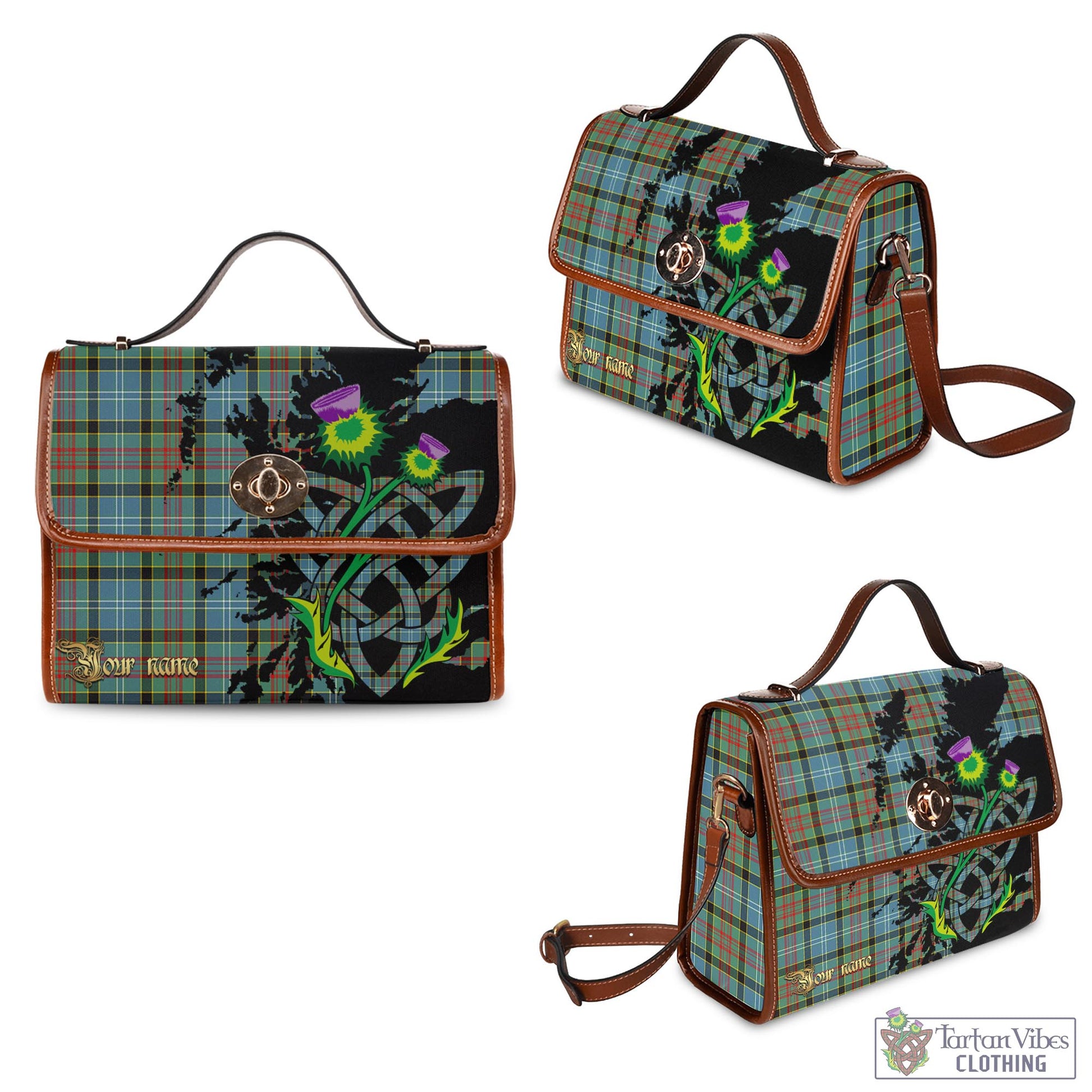 Tartan Vibes Clothing Cathcart Tartan Waterproof Canvas Bag with Scotland Map and Thistle Celtic Accents