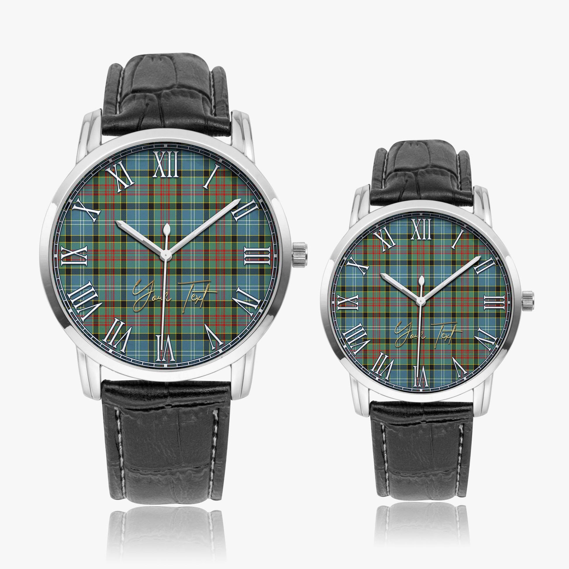 Cathcart Tartan Personalized Your Text Leather Trap Quartz Watch Wide Type Silver Case With Black Leather Strap - Tartanvibesclothing