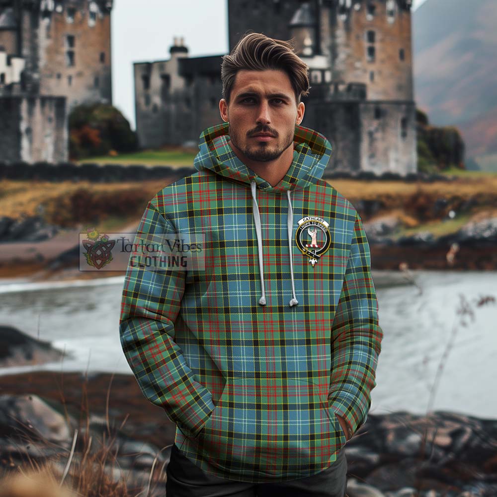 Tartan Vibes Clothing Cathcart Tartan Cotton Hoodie with Family Crest and Bearded Skull Holding Bottles of Whiskey