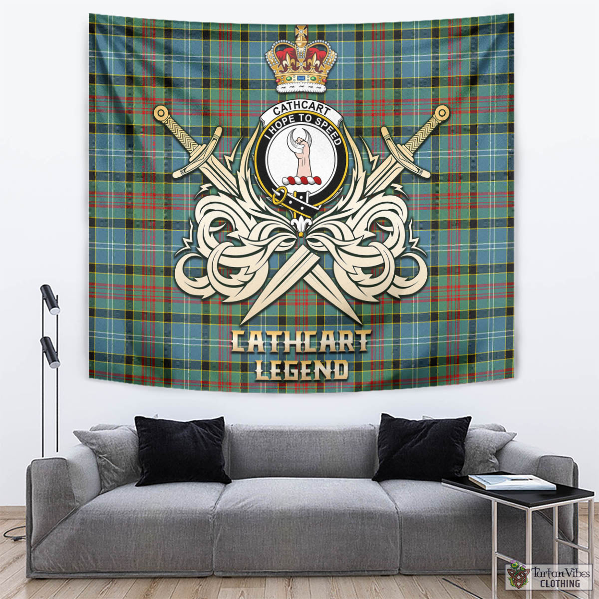 Tartan Vibes Clothing Cathcart Tartan Tapestry with Clan Crest and the Golden Sword of Courageous Legacy