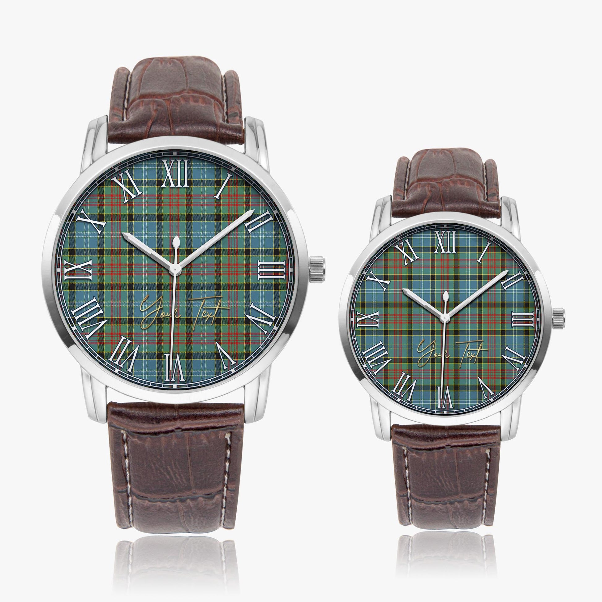 Cathcart Tartan Personalized Your Text Leather Trap Quartz Watch Wide Type Silver Case With Brown Leather Strap - Tartanvibesclothing