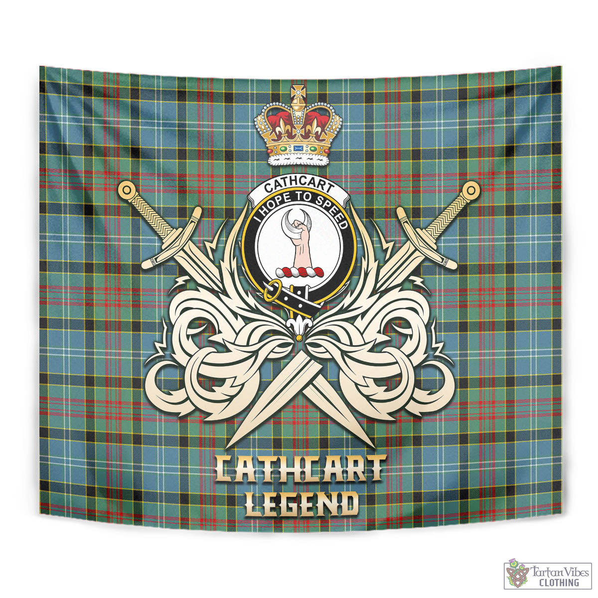 Tartan Vibes Clothing Cathcart Tartan Tapestry with Clan Crest and the Golden Sword of Courageous Legacy