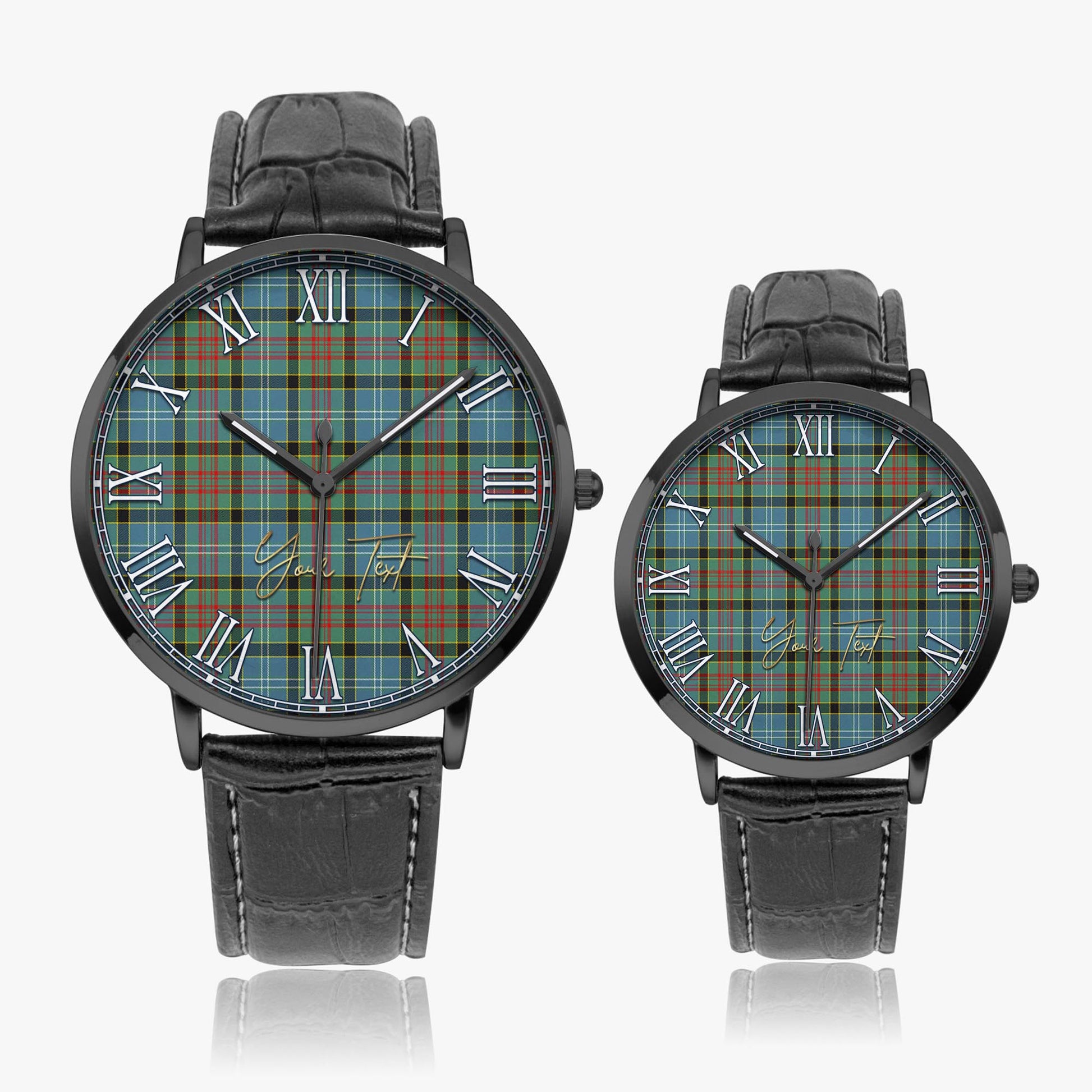 Cathcart Tartan Personalized Your Text Leather Trap Quartz Watch Ultra Thin Black Case With Black Leather Strap - Tartanvibesclothing