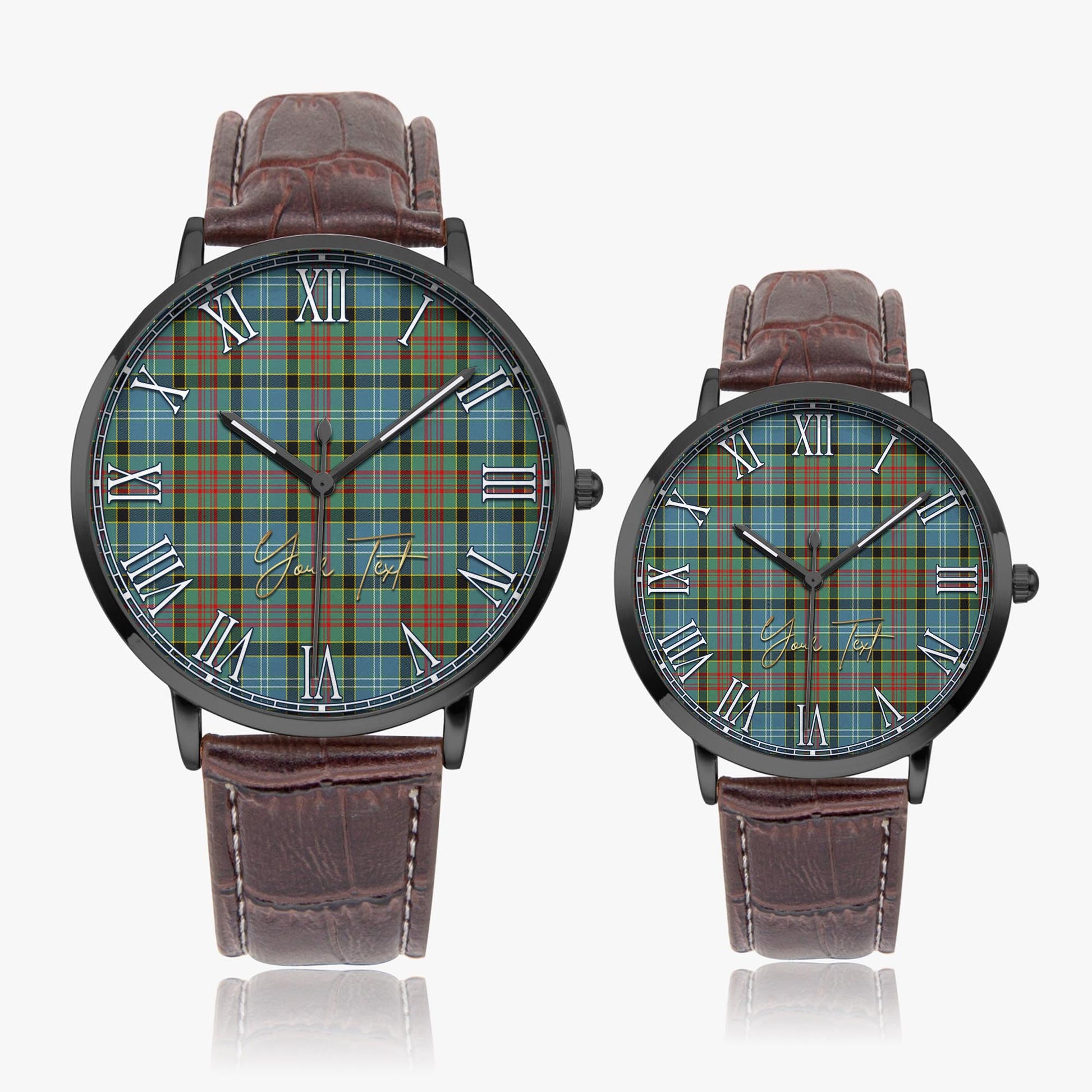 Cathcart Tartan Personalized Your Text Leather Trap Quartz Watch Ultra Thin Black Case With Brown Leather Strap - Tartanvibesclothing