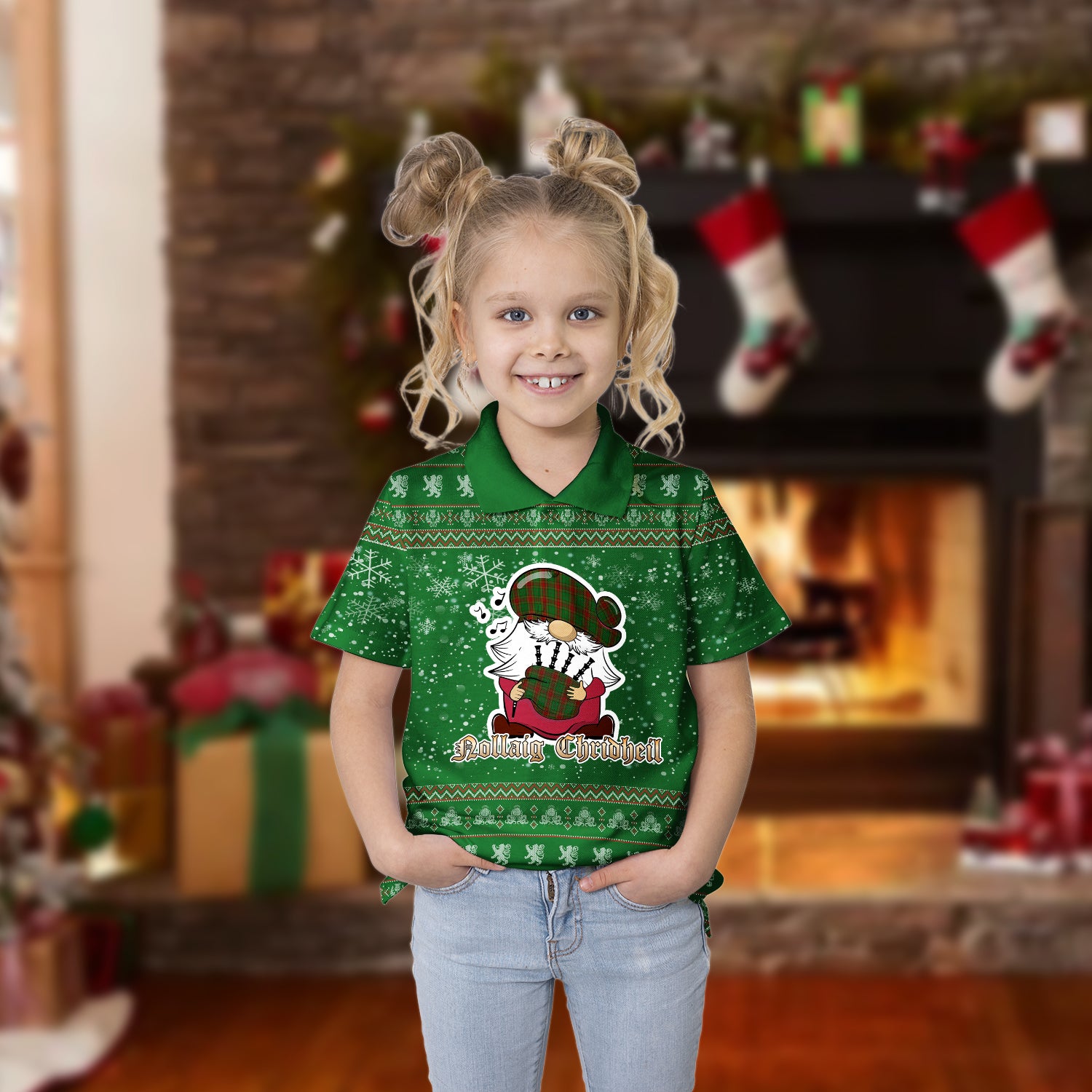 Cavan County Ireland Clan Christmas Family Polo Shirt with Funny Gnome Playing Bagpipes Kid's Polo Shirt Green - Tartanvibesclothing