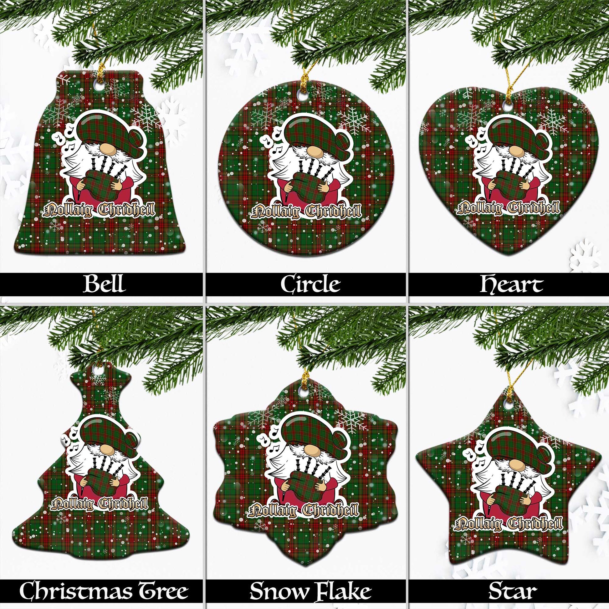 Cavan County Ireland Tartan Christmas Ornaments with Scottish Gnome Playing Bagpipes Ceramic - Tartanvibesclothing