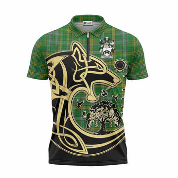 Cawley Irish Tartan Zipper Polo Shirt with Coat of Arms Celtic Wolf Style