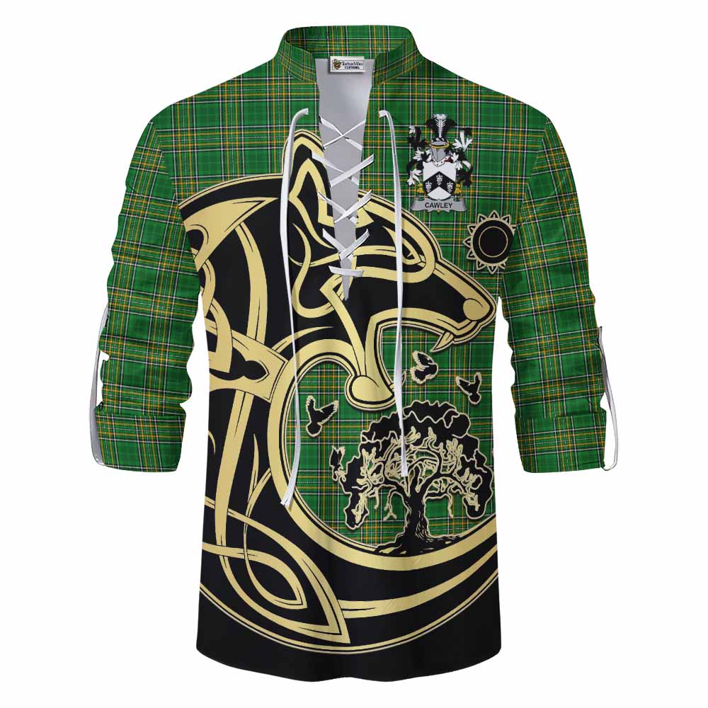 Tartan Vibes Clothing Cawley Irish Tartan Ghillie Kilt Shirt with Coat of Arms Celtic Wolf Style