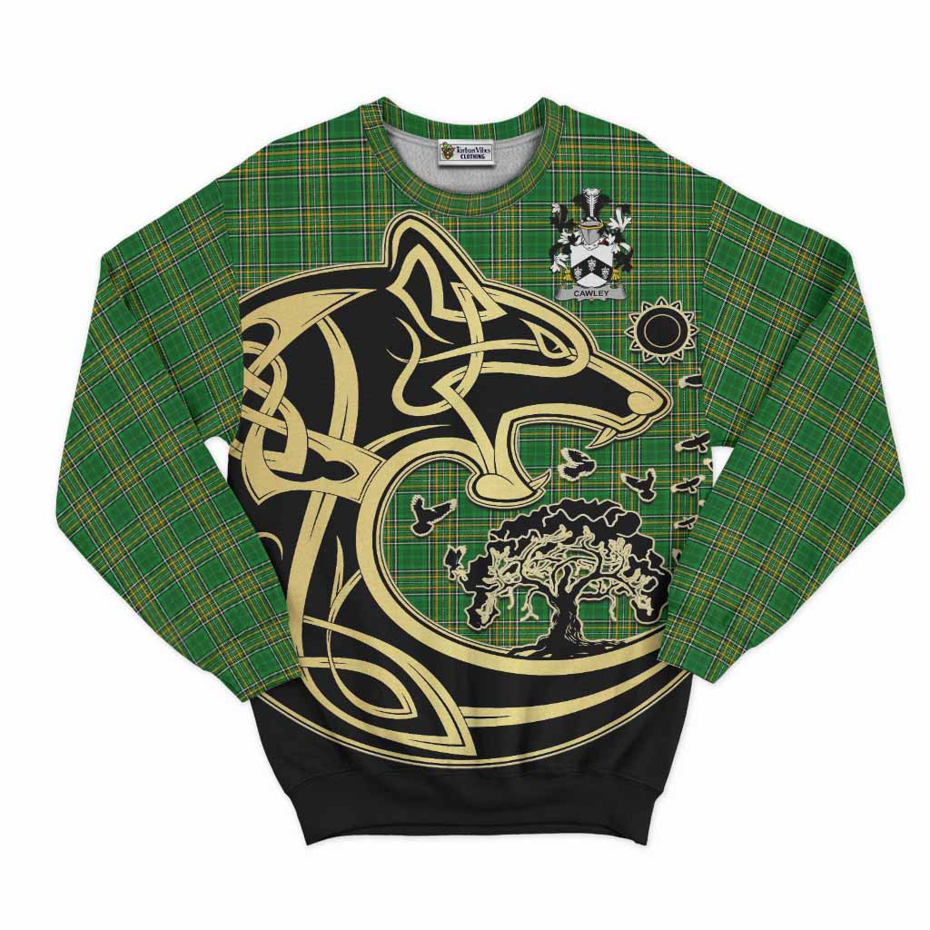 Tartan Vibes Clothing Cawley Irish Tartan Sweatshirt with Coat of Arms Celtic Wolf Style