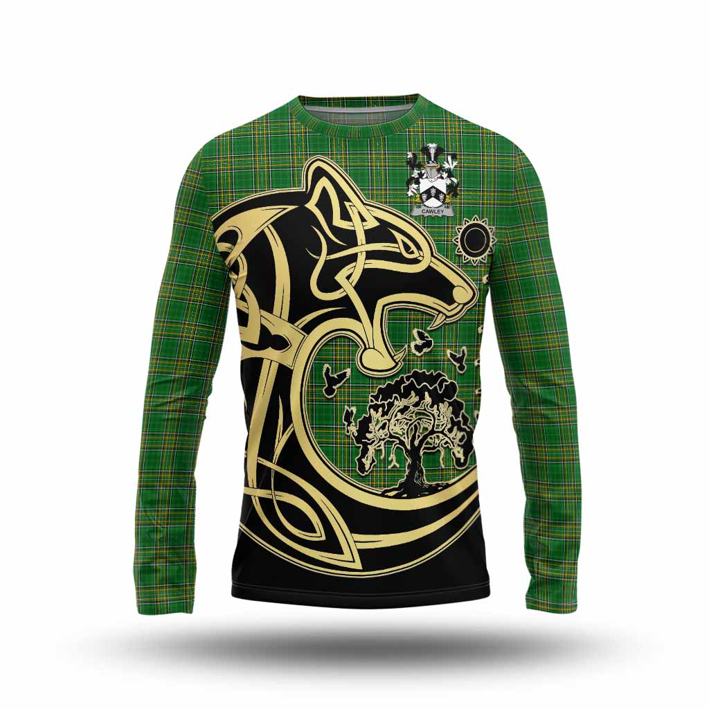 Tartan Vibes Clothing Cawley Irish Tartan Long Sleeve T-Shirt with Coat of Arms Celtic Wolf Style