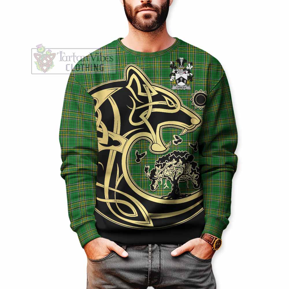 Tartan Vibes Clothing Cawley Irish Tartan Sweatshirt with Coat of Arms Celtic Wolf Style