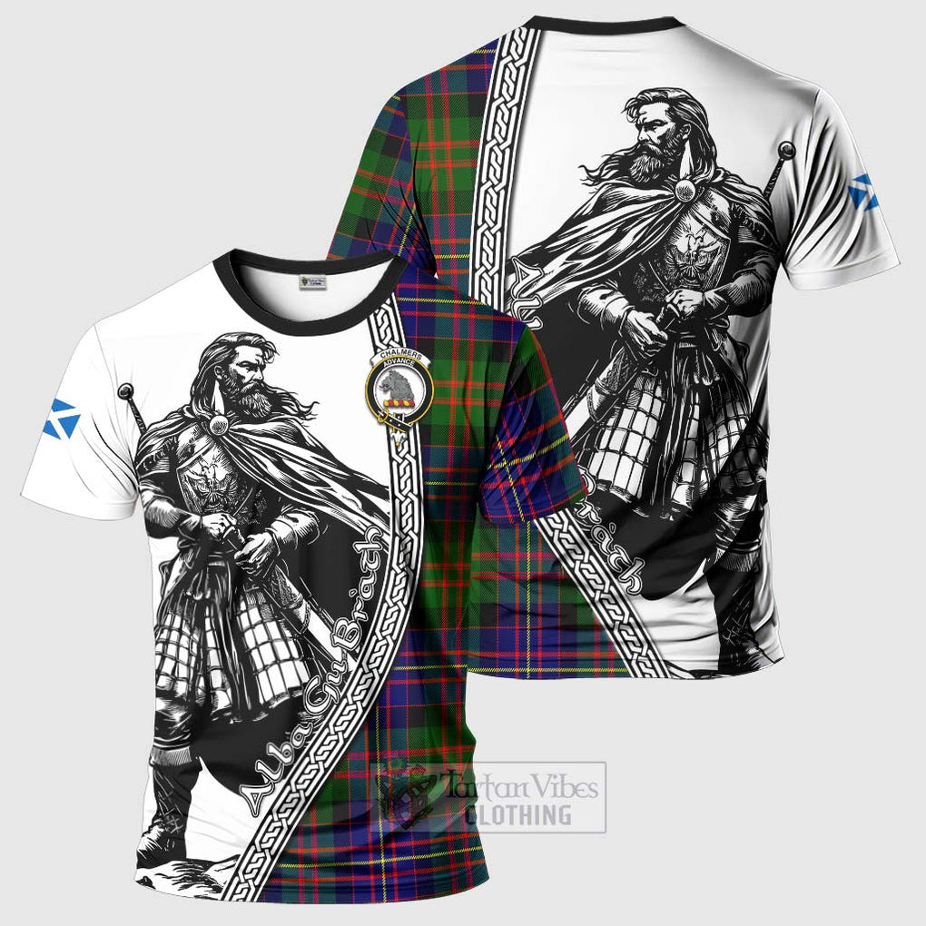 Tartan Vibes Clothing Chalmers Tartan Clan Crest T-Shirt with Highlander Warrior Celtic Style