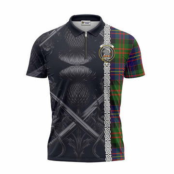 Chalmers Tartan Zipper Polo Shirt with Family Crest Cross Sword Thistle Celtic Vibes