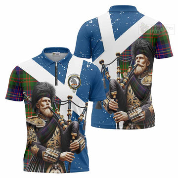 Chalmers Tartan Zipper Polo Shirt with Family Crest Scottish Bagpiper Vibes