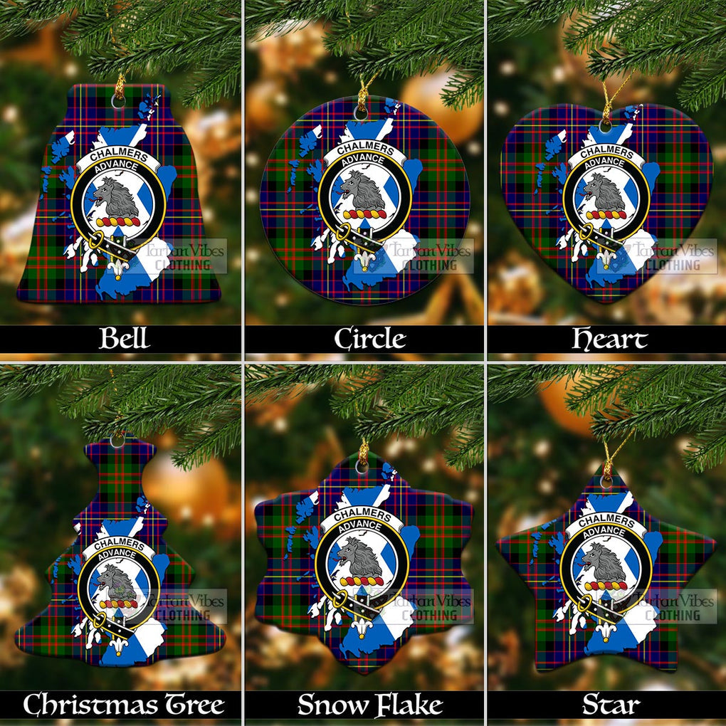 Tartan Vibes Clothing Chalmers Tartan Christmas Ornament with Family Crest and Scotland Map