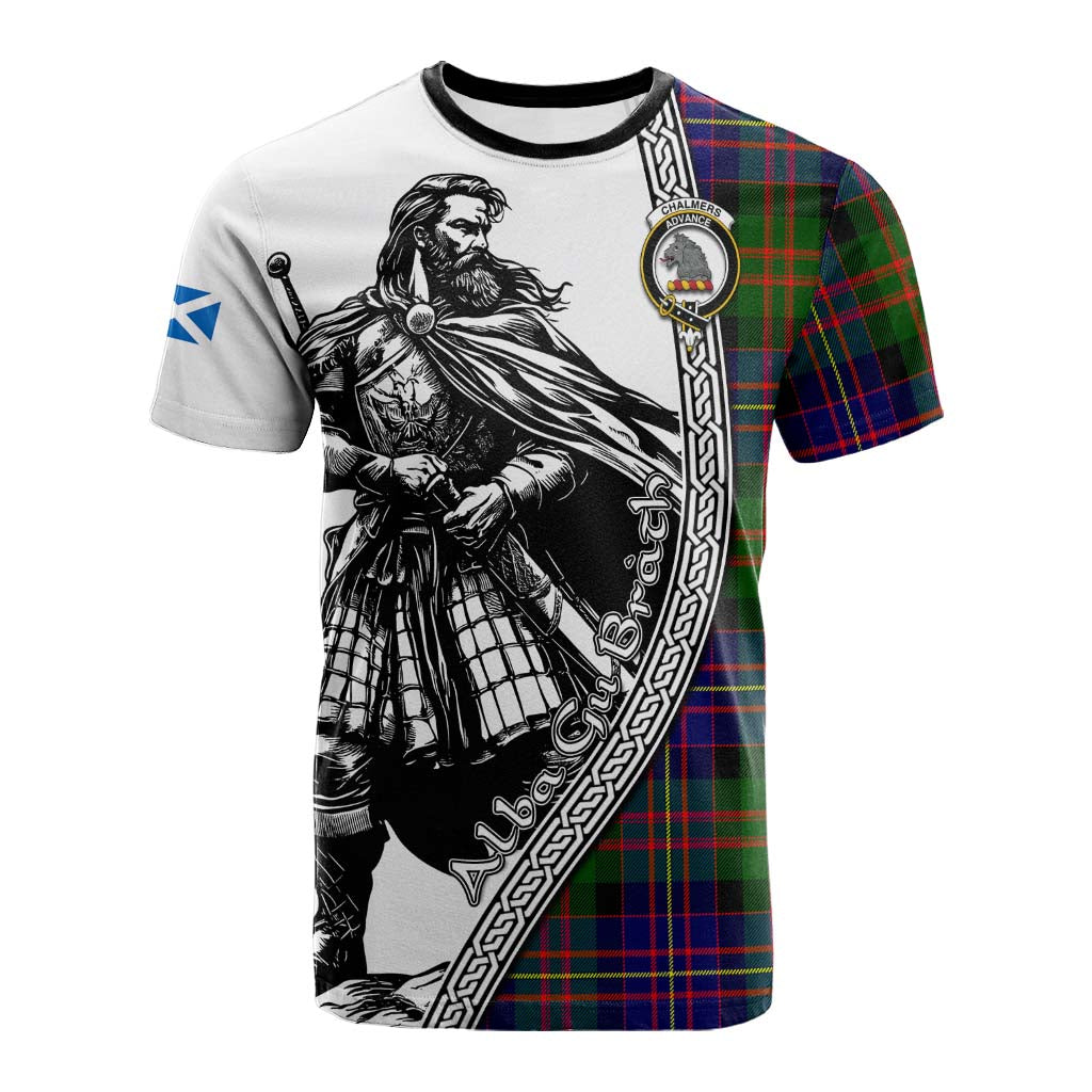 Chalmers Tartan Clan Crest Cotton T-shirt with Highlander Warrior Celtic Style