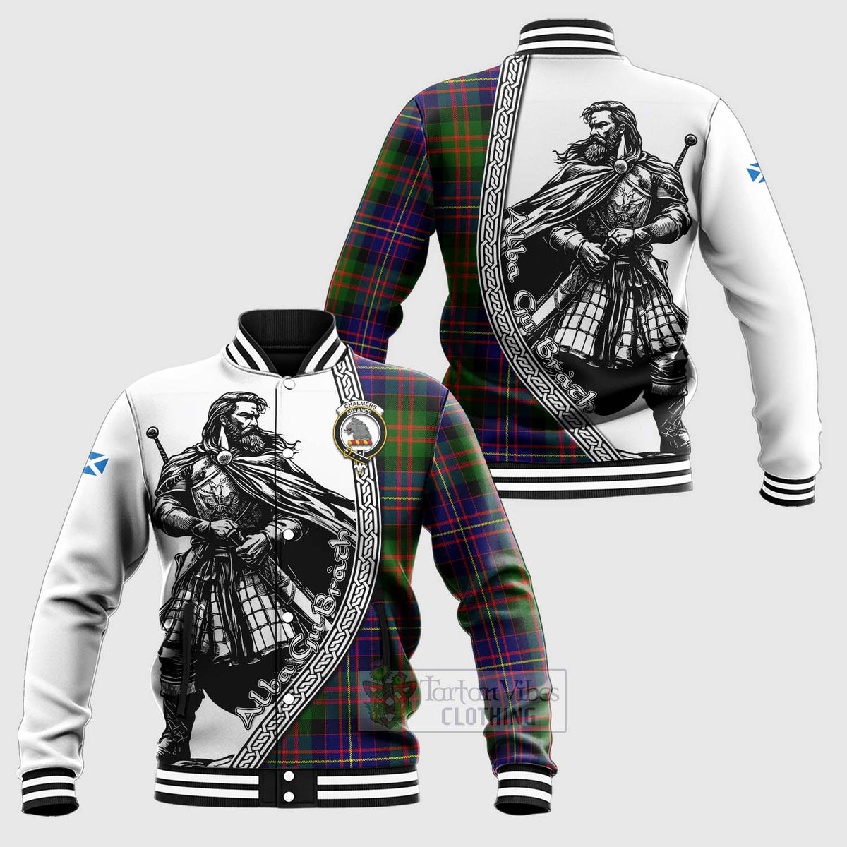 Chalmers Tartan Clan Crest Baseball Jacket with Highlander Warrior Celtic Style Unisex - Tartan Vibes Clothing