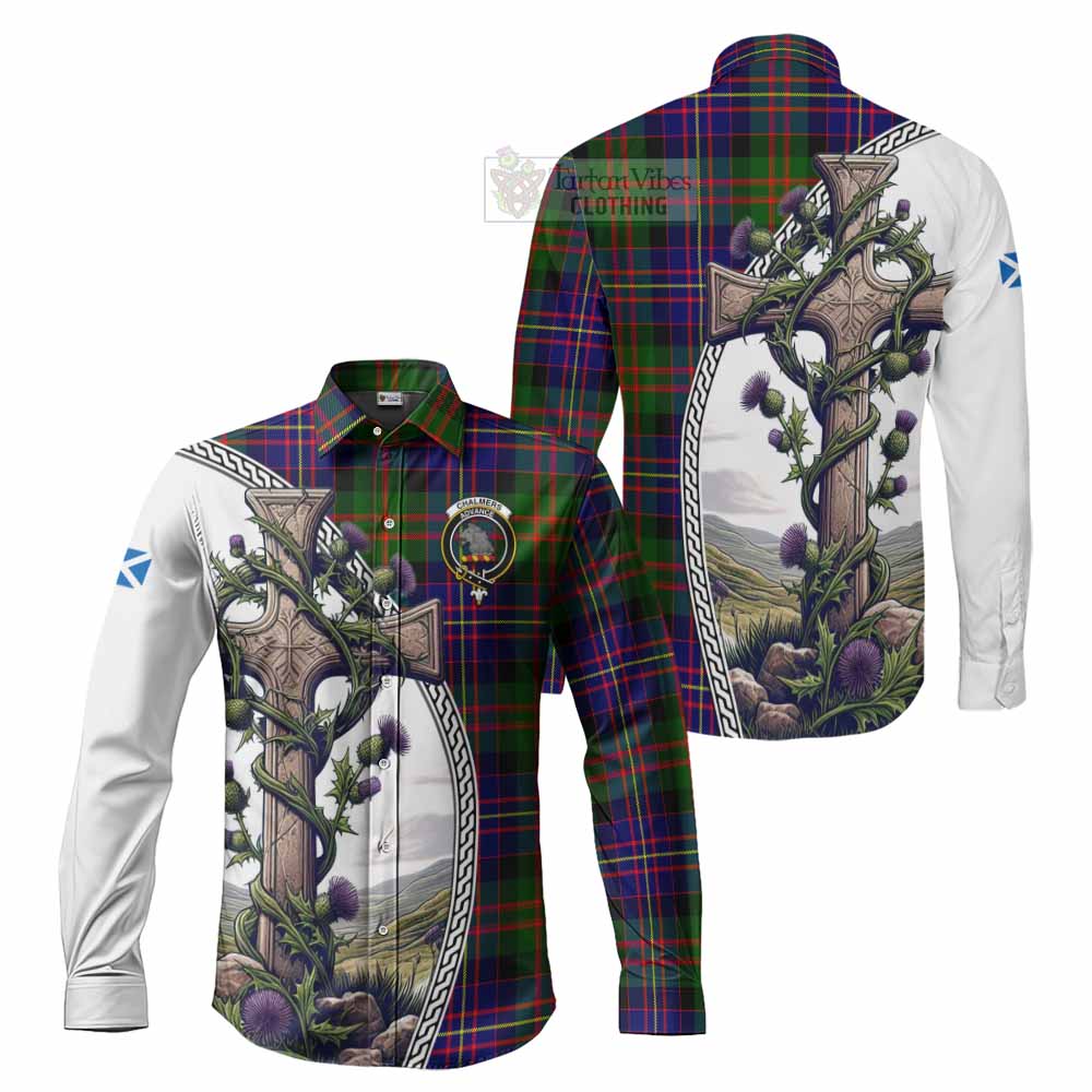 Tartan Vibes Clothing Chalmers Tartan Long Sleeve Button Shirt with Family Crest and St. Andrew's Cross Accented by Thistle Vines