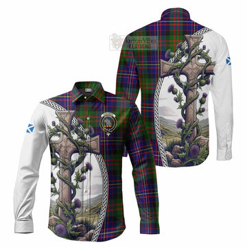 Chalmers Tartan Long Sleeve Button Shirt with Family Crest and St. Andrew's Cross Accented by Thistle Vines