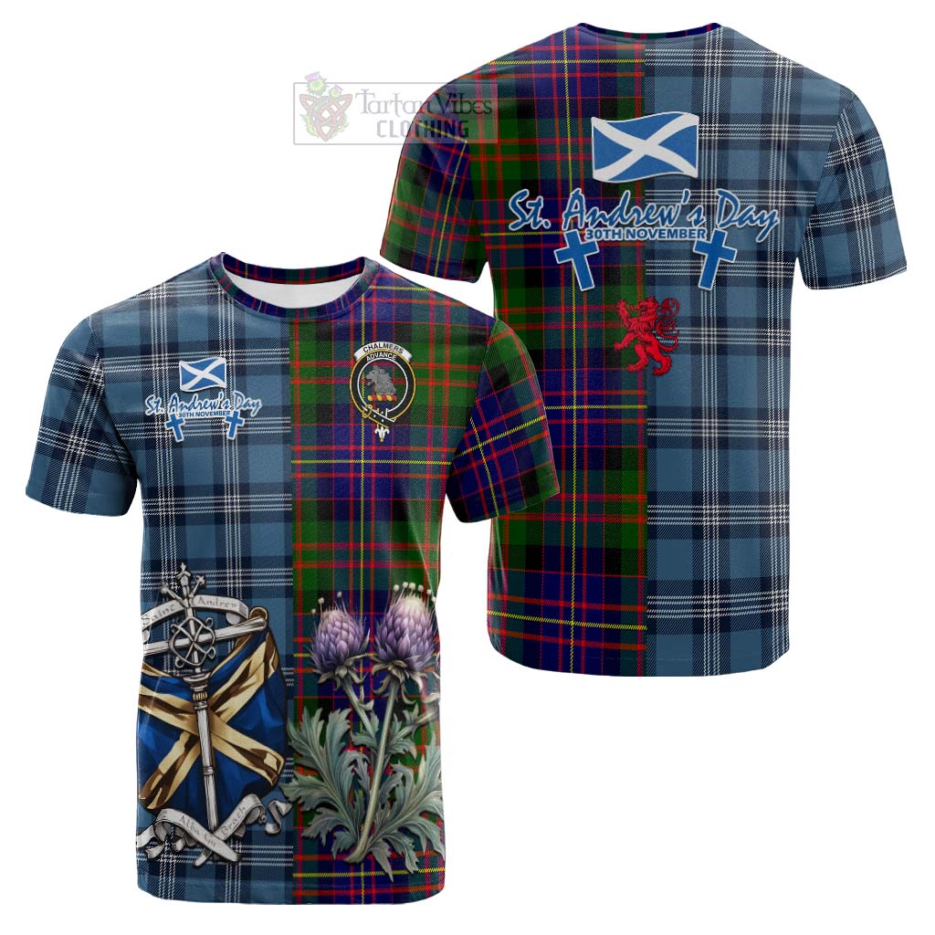 Tartan Vibes Clothing Chalmers Tartan Cotton T-shirt Happy St. Andrew's Day Half Tartan Style