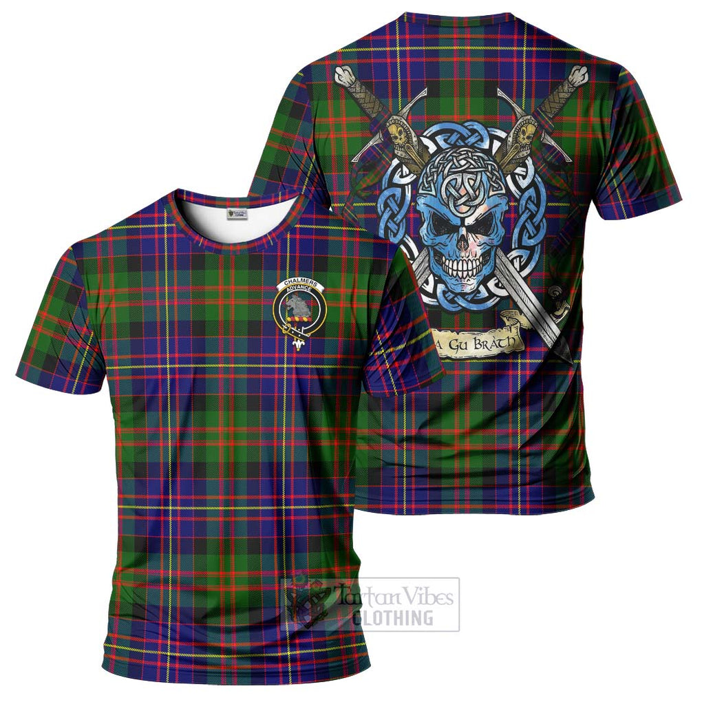 Tartan Vibes Clothing Chalmers Tartan T-Shirt with Family Crest Celtic Skull Style