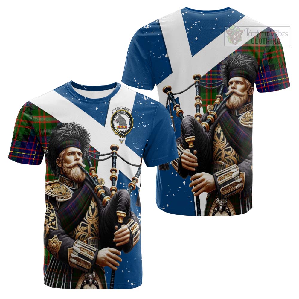 Tartan Vibes Clothing Chalmers Tartan Cotton T-shirt with Family Crest Scottish Bagpiper Vibes