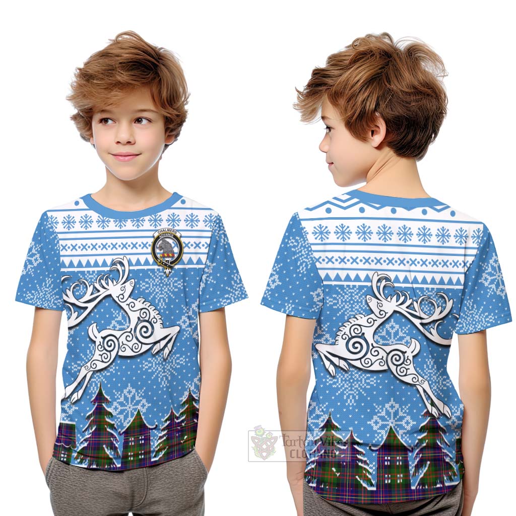 Tartan Vibes Clothing Chalmers Clan Christmas Kid T-Shirt Celtic Reindeer Style