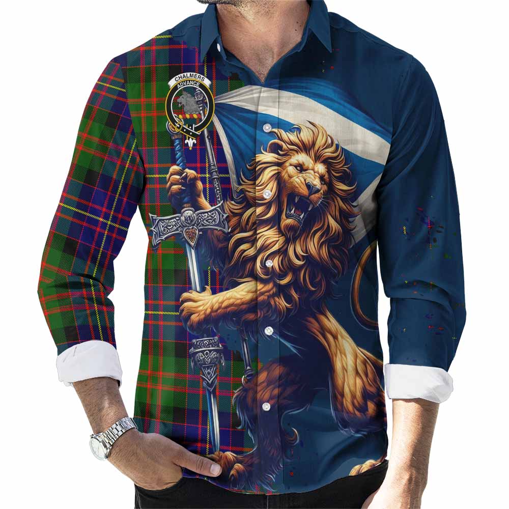 Tartan Vibes Clothing Chalmers Tartan Family Crest Long Sleeve Button Shirt with Scottish Majestic Lion